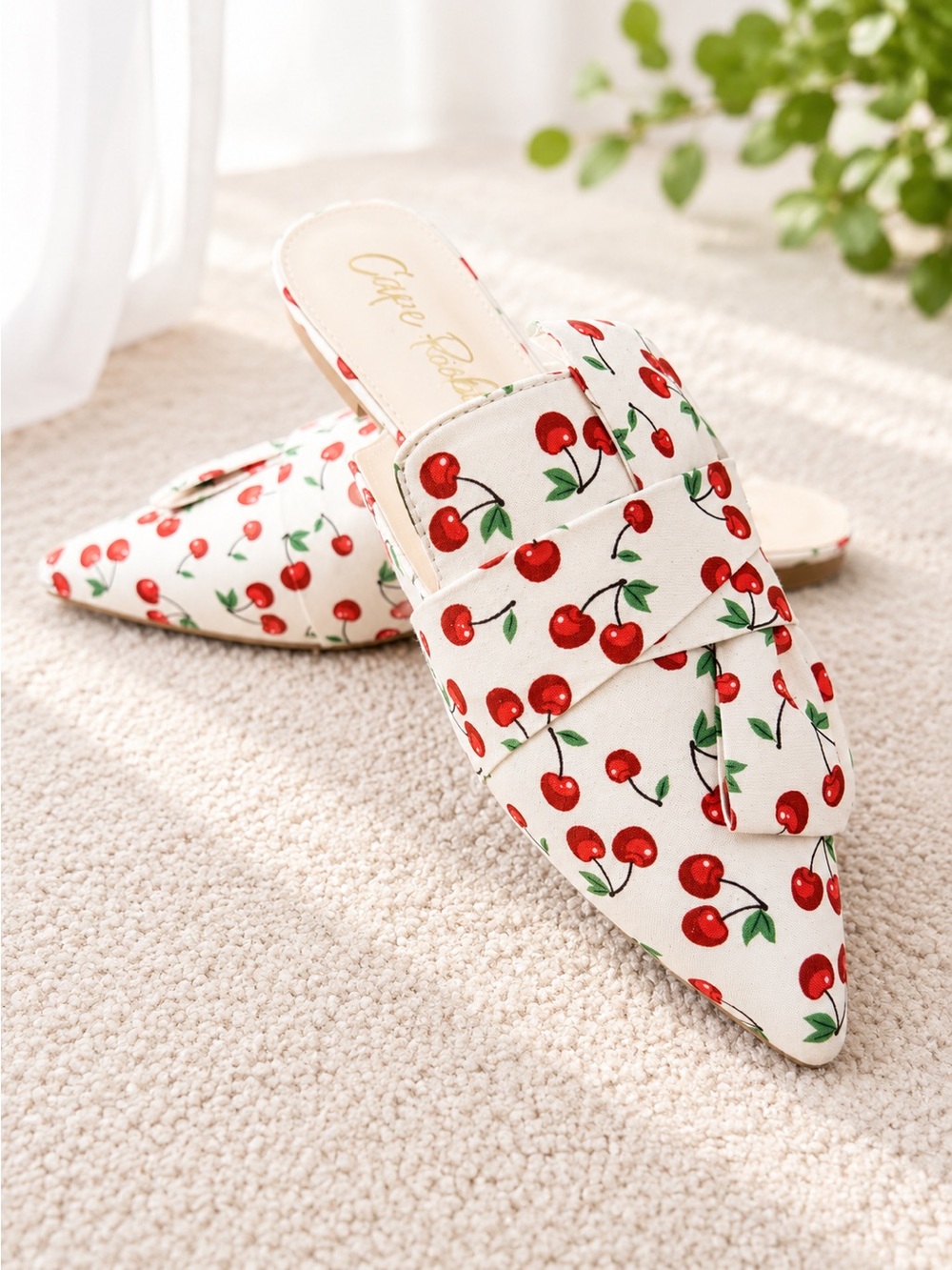 Cape Robbin White Cherry Print Pointed Toe Mules